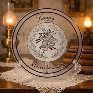 Vintage "Happy Anniversary" Crystal Plate Bells Floral‎ Gold Rim Display 11.5'